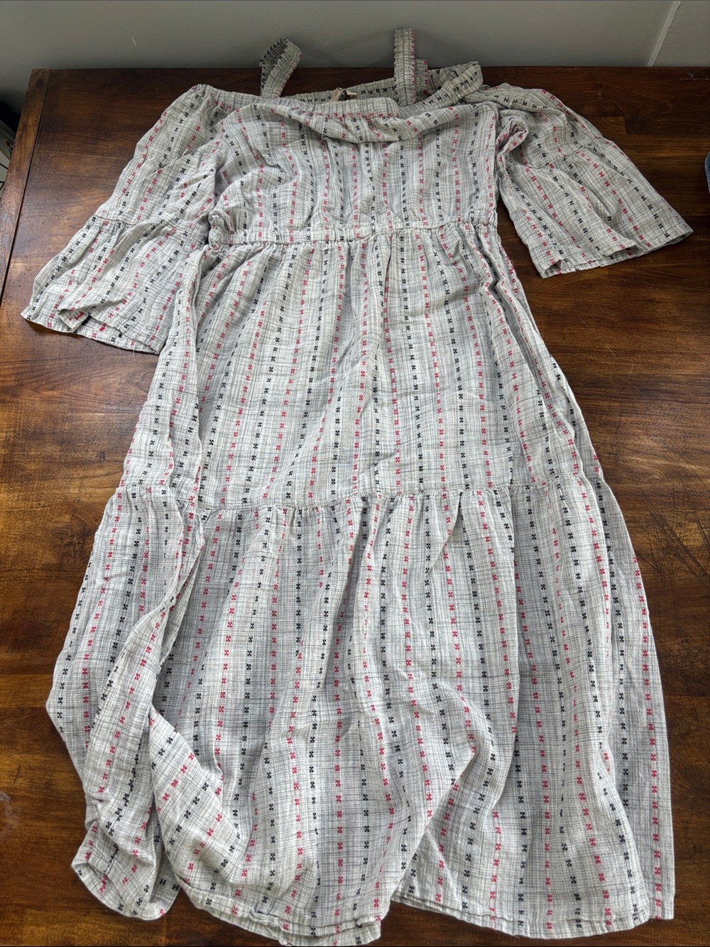 Cotton Boho Cold Shoulder Midi Dress Embroidered Plaid Tiered Skirt